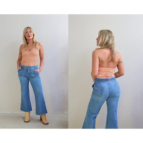 1970's Vintage MD Cimone Baket Weave Bell Bottom Jeans Women's Medium 31" Waist - Picture 1 of 11